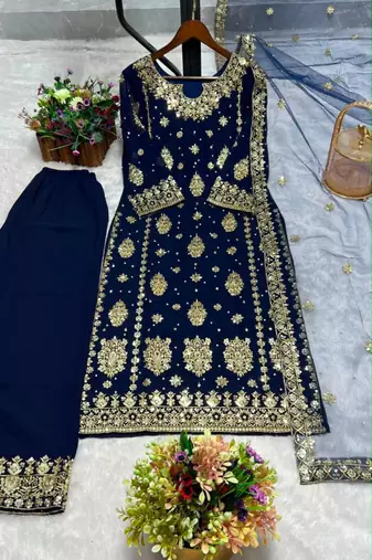 Navy-blue faux georgette embroidered palazzo set