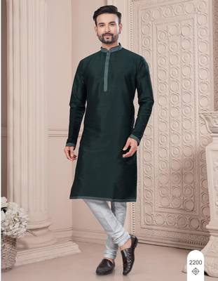 Bottle green thred work silk kurta pajama set 1