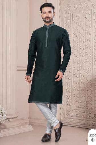 Bottle green thred work silk kurta pajama set