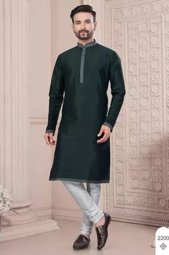 Bottle green thred work silk kurta pajama set