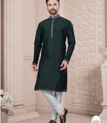 Bottle green thred work silk kurta pajama set