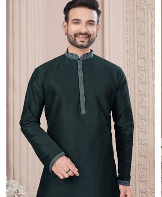 Bottle green thred work silk kurta pajama set 2