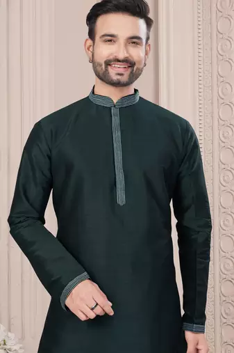 Bottle green thred work silk kurta pajama set