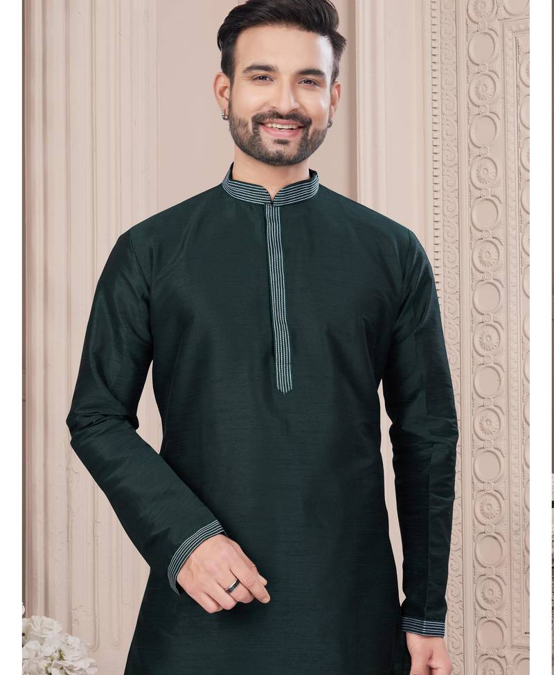 Bottle green thred work silk kurta pajama set