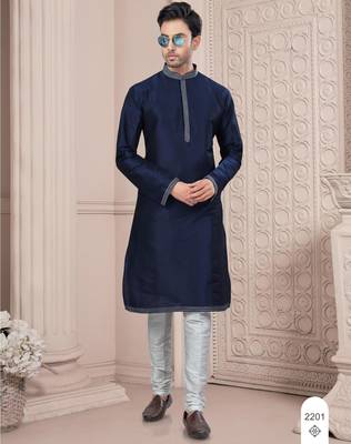 Nevy blue thred work silk kurta pajama set 1