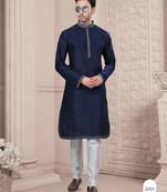 Nevy blue thred work silk kurta pajama set
