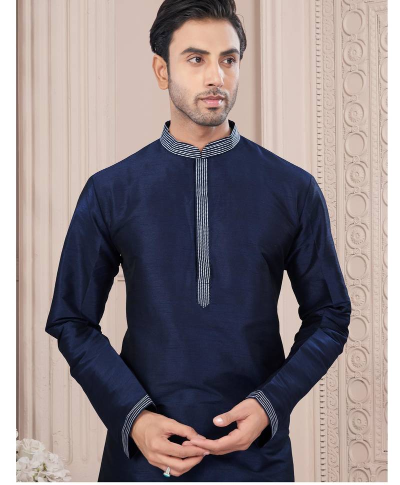Nevy blue thred work silk kurta pajama set