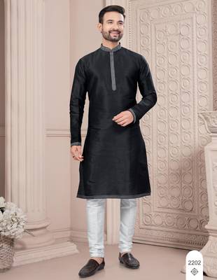 Black thred work silk kurta pajama set 1