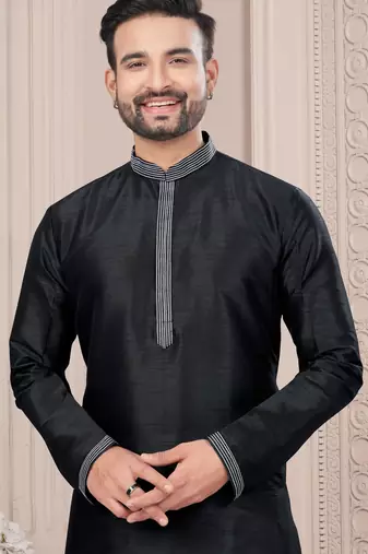 Black thred work silk kurta pajama set