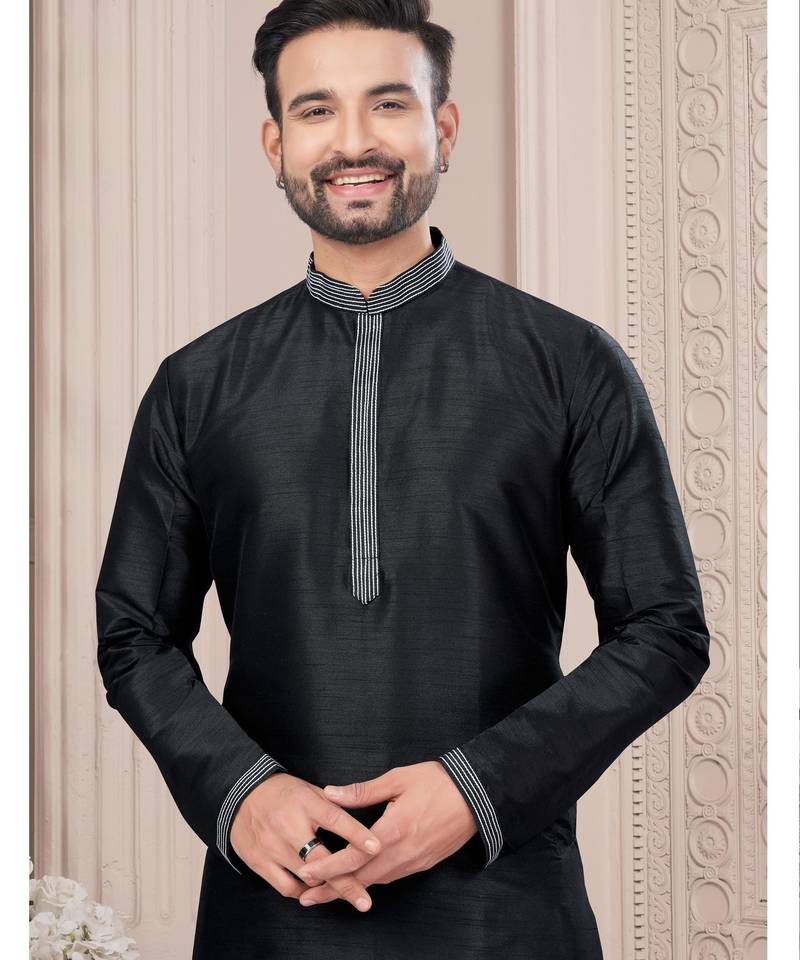 Black thred work silk kurta pajama set