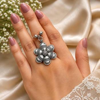 Oxidized Flower Statement Ring, Indian Silver Ring, Boho Floral Ring, Tribal Adjustable Ring 1