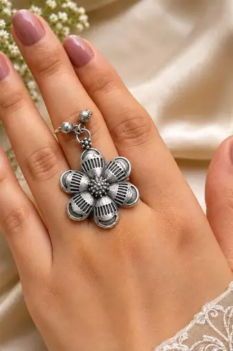 Oxidized Flower Statement Ring, Indian Silver Ring, Boho Floral Ring, Tribal Adjustable Ring