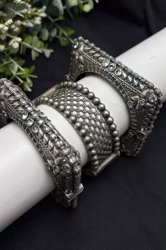 Set of 3 Oxidized Brass Kada Bangles, Indian Openable Tribal Bracelet Set