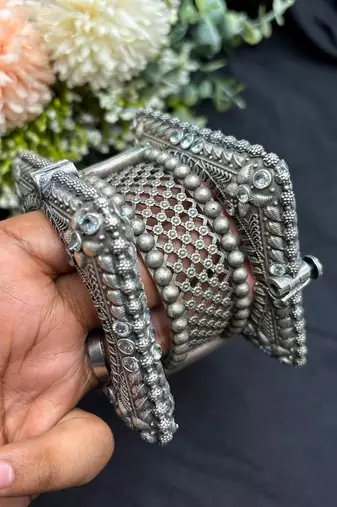 Set of 3 Oxidized Brass Kada Bangles, Indian Openable Tribal Bracelet Set