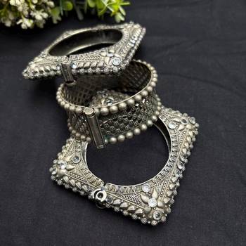 Set of 3 Oxidized Brass Kada Bangles, Indian Openable Tribal Bracelet Set 4