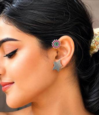 No Pierced Earcuff Oxidised Silver Ear Cuff Earrings, Green Pink Enamel Star Earrings 1