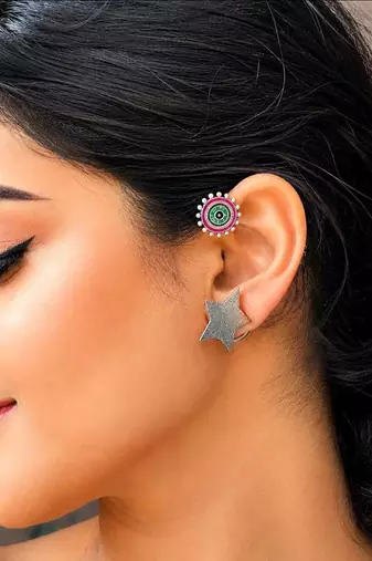 No Pierced Earcuff Oxidised Silver Ear Cuff Earrings, Green Pink Enamel Star Earrings