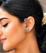 No Pierced Earcuff Oxidised Silver Ear Cuff Earrings, Green Pink Enamel Star Earrings