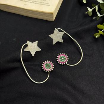No Pierced Earcuff Oxidised Silver Ear Cuff Earrings, Green Pink Enamel Star Earrings 2