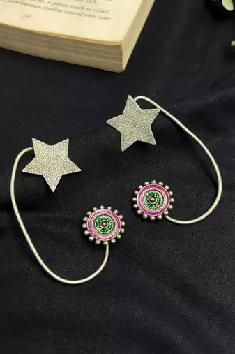 No Pierced Earcuff Oxidised Silver Ear Cuff Earrings, Green Pink Enamel Star Earrings