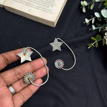 No Pierced Earcuff Oxidised Silver Ear Cuff Earrings, Green Pink Enamel Star Earrings 3