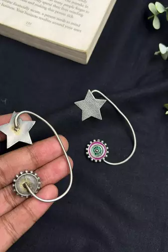 No Pierced Earcuff Oxidised Silver Ear Cuff Earrings, Green Pink Enamel Star Earrings