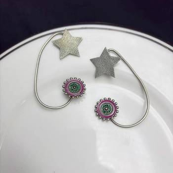 No Pierced Earcuff Oxidised Silver Ear Cuff Earrings, Green Pink Enamel Star Earrings 4