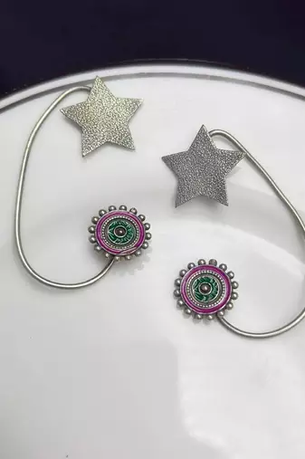 No Pierced Earcuff Oxidised Silver Ear Cuff Earrings, Green Pink Enamel Star Earrings