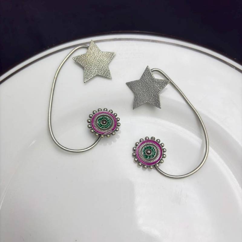 No Pierced Earcuff Oxidised Silver Ear Cuff Earrings, Green Pink Enamel Star Earrings