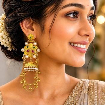 Indian long Gold Fusion Jhumka Earrings, Kashmiri Pearl Jhumka Dangle Earrings 1