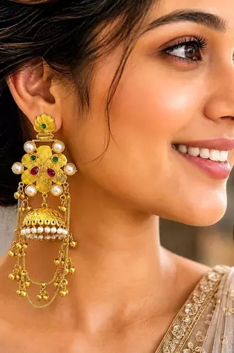 Indian long Gold Fusion Jhumka Earrings, Kashmiri Pearl Jhumka Dangle Earrings