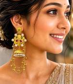 Indian long Gold Fusion Jhumka Earrings, Kashmiri Pearl Jhumka Dangle Earrings