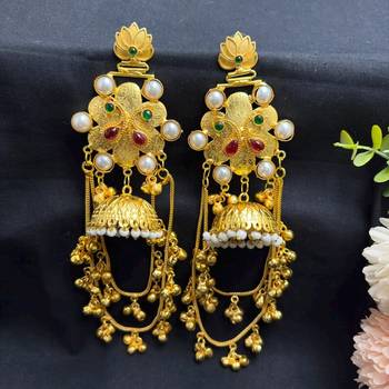 Indian long Gold Fusion Jhumka Earrings, Kashmiri Pearl Jhumka Dangle Earrings 2