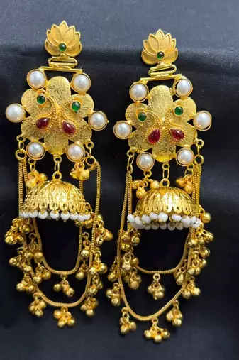 Indian long Gold Fusion Jhumka Earrings, Kashmiri Pearl Jhumka Dangle Earrings