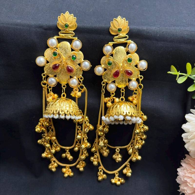 Indian long Gold Fusion Jhumka Earrings, Kashmiri Pearl Jhumka Dangle Earrings