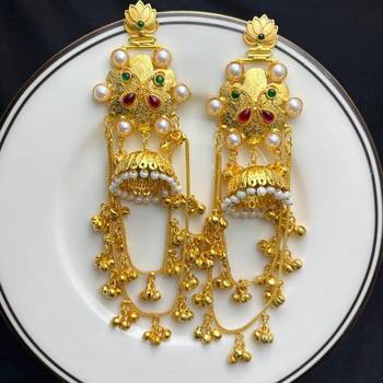Indian long Gold Fusion Jhumka Earrings, Kashmiri Pearl Jhumka Dangle Earrings 3