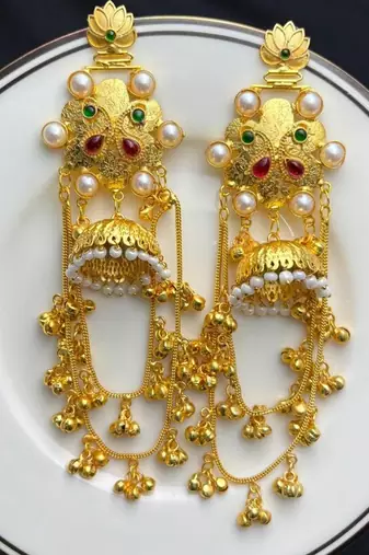 Indian long Gold Fusion Jhumka Earrings, Kashmiri Pearl Jhumka Dangle Earrings