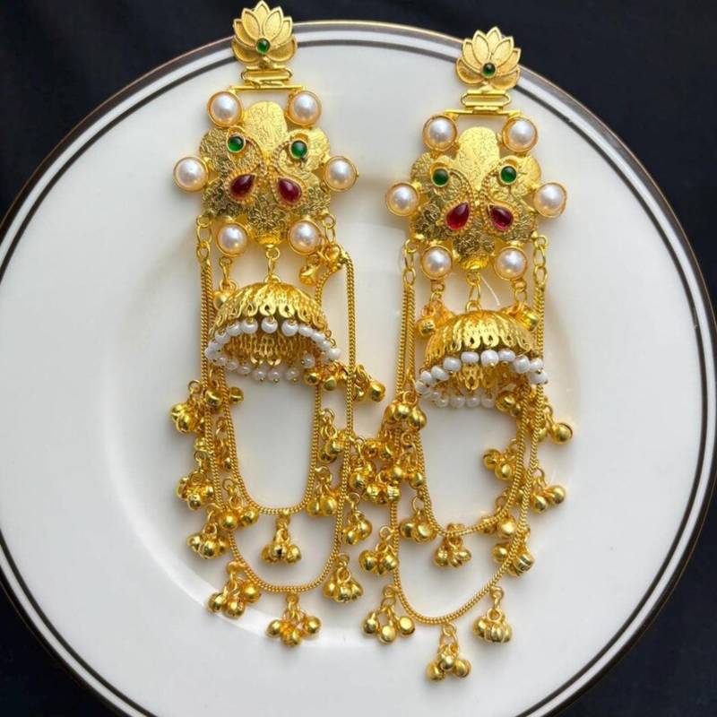 Indian long Gold Fusion Jhumka Earrings, Kashmiri Pearl Jhumka Dangle Earrings