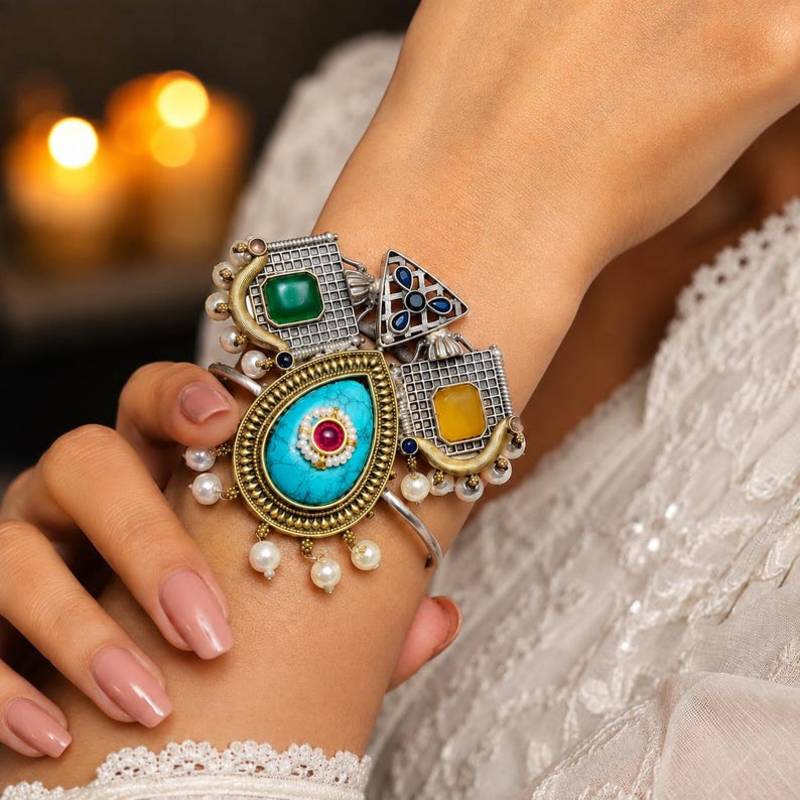 Fusion Cuff Bracelet, Oxidized Silver Brass Cuff, Boho Tribal Bracelet, Turquoise Pearl Bangle