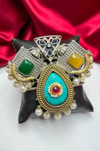 Fusion Cuff Bracelet, Oxidized Silver Brass Cuff, Boho Tribal Bracelet, Turquoise Pearl Bangle