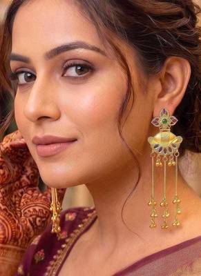Long Gold Dangle Earrings, Indian Bridal Statement Earrings, Traditional Wedding Jewelry 1