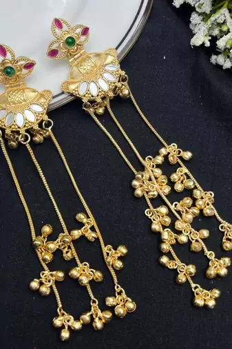 Long Gold Dangle Earrings, Indian Bridal Statement Earrings, Traditional Wedding Jewelry