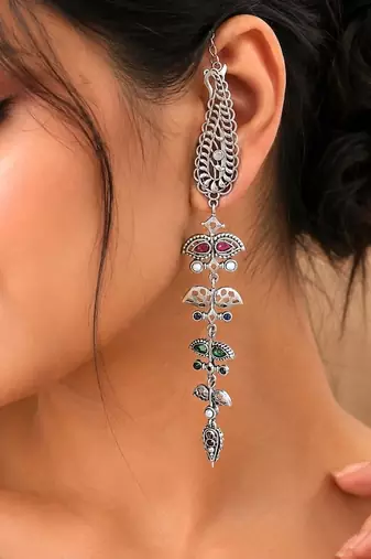 Boho Ear Cuff Chain Earring, Brass Statement Ear Wrap,Oxidized Silver Festival Jewelry