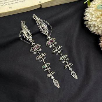 Boho Ear Cuff Chain Earring, Brass Statement Ear Wrap,Oxidized Silver Festival Jewelry 2