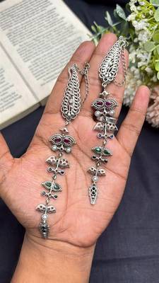 Boho Ear Cuff Chain Earring, Brass Statement Ear Wrap,Oxidized Silver Festival Jewelry 3