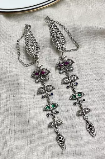 Boho Ear Cuff Chain Earring, Brass Statement Ear Wrap,Oxidized Silver Festival Jewelry