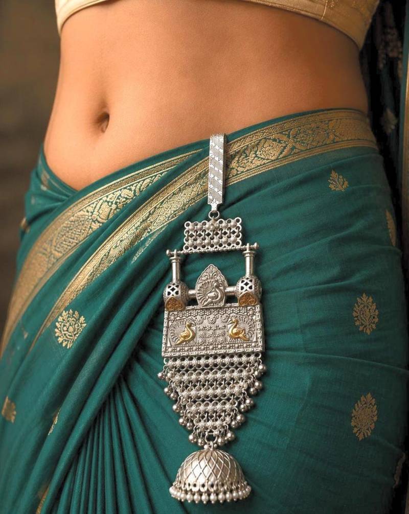 Two toned Oxidized Silver Gold Chabi Challa, Satka Saree Pin, Peacock Saree Keychain