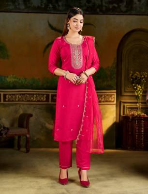 PINK EMBRODEIRY WORK WITH SILK BLEND FABRIC KURTI PANT DUPATTA SET 1