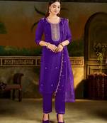 PURPLE EMBRODEIRY WORK WITH SILK BLEND FABRIC KURTI PANT DUPATTA SET
