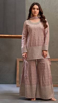 Mauve embroidered viscose free size stitched palazzo style salwar suit 1